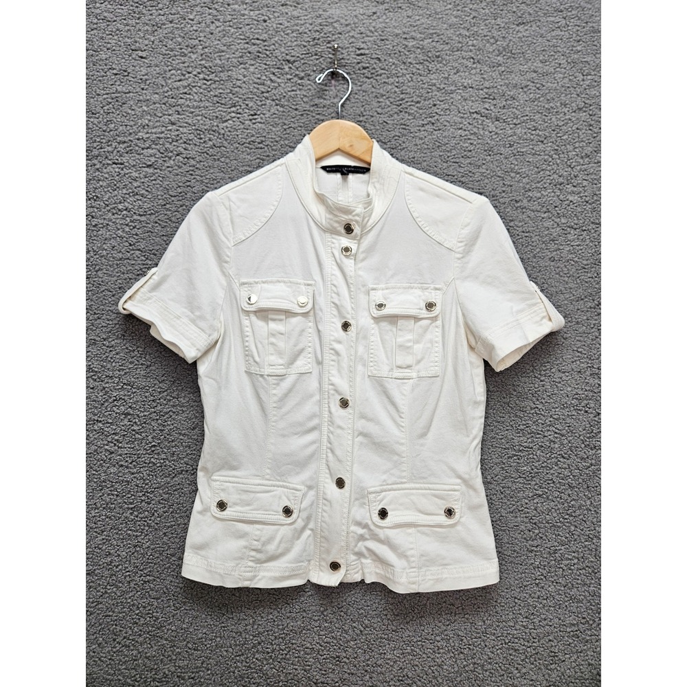 White House Black Market Utility Jacket 8 White Short Sleeve Safari Cargo Mock